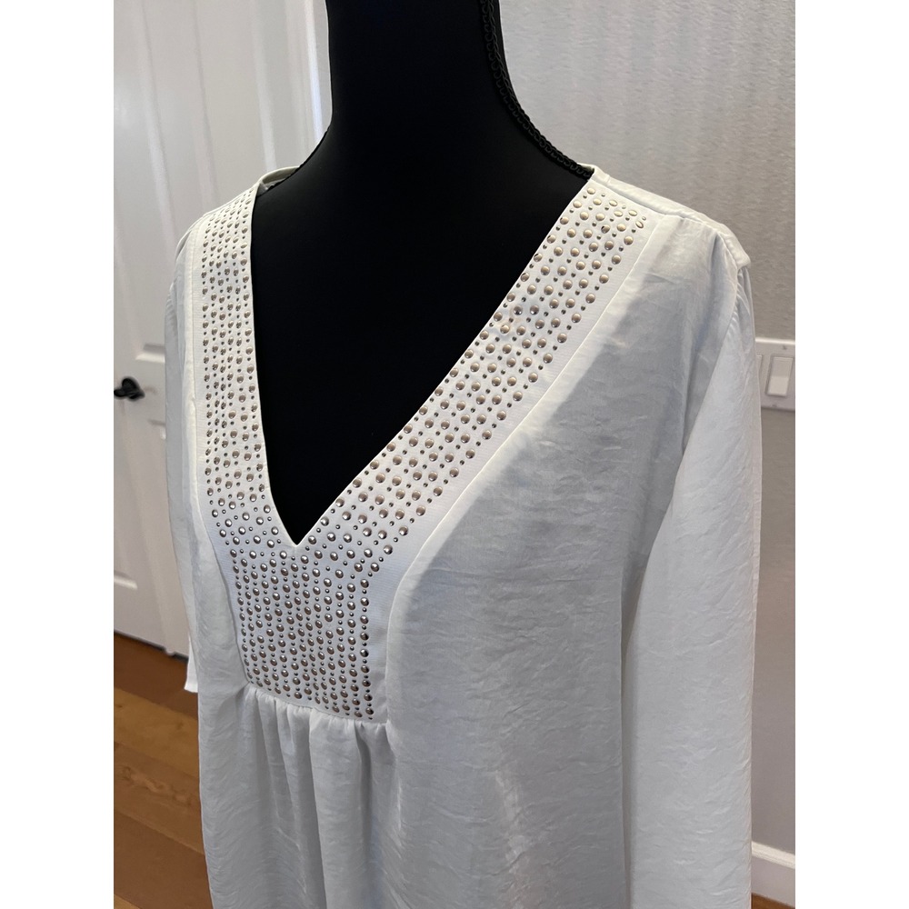 Boho Sheer Studded V-Neck Tunic Blouse Top 2X White Bell Sleeve Festival Hippie